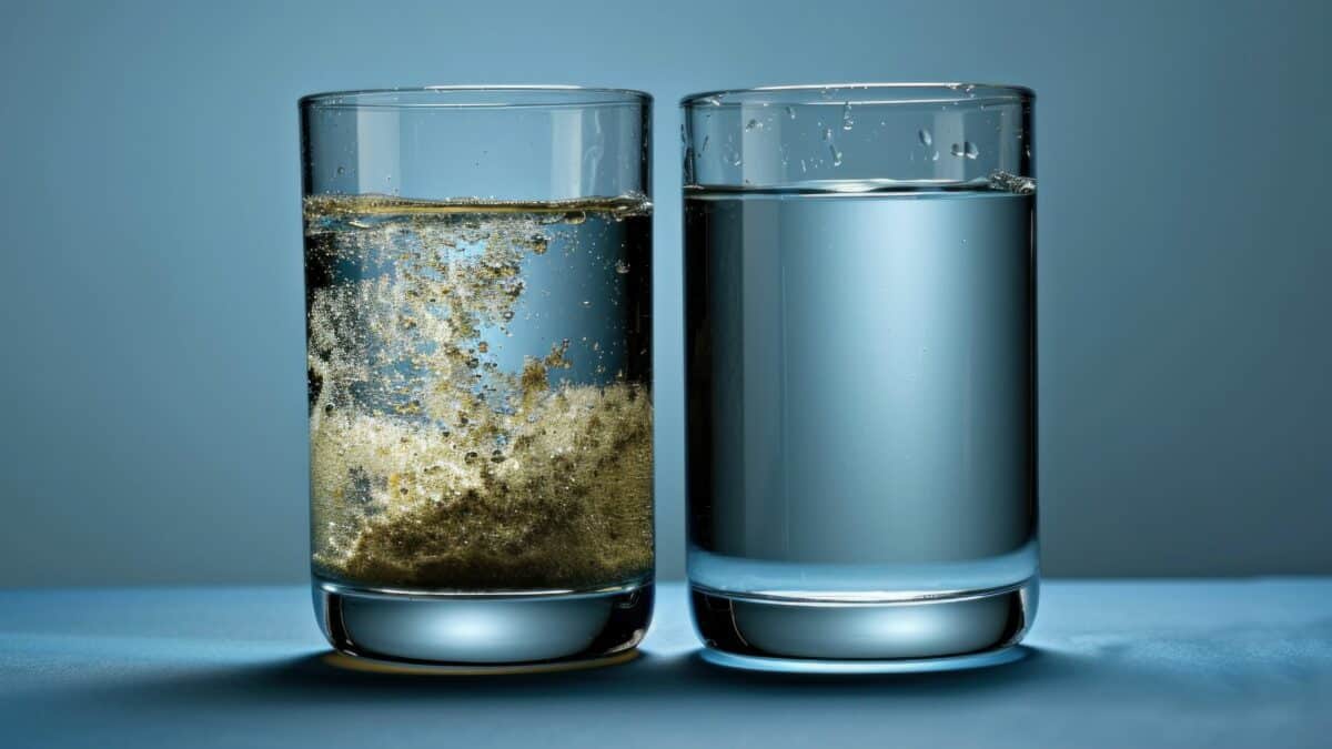 Two glasses, one with purified water and the other with contaminated water.