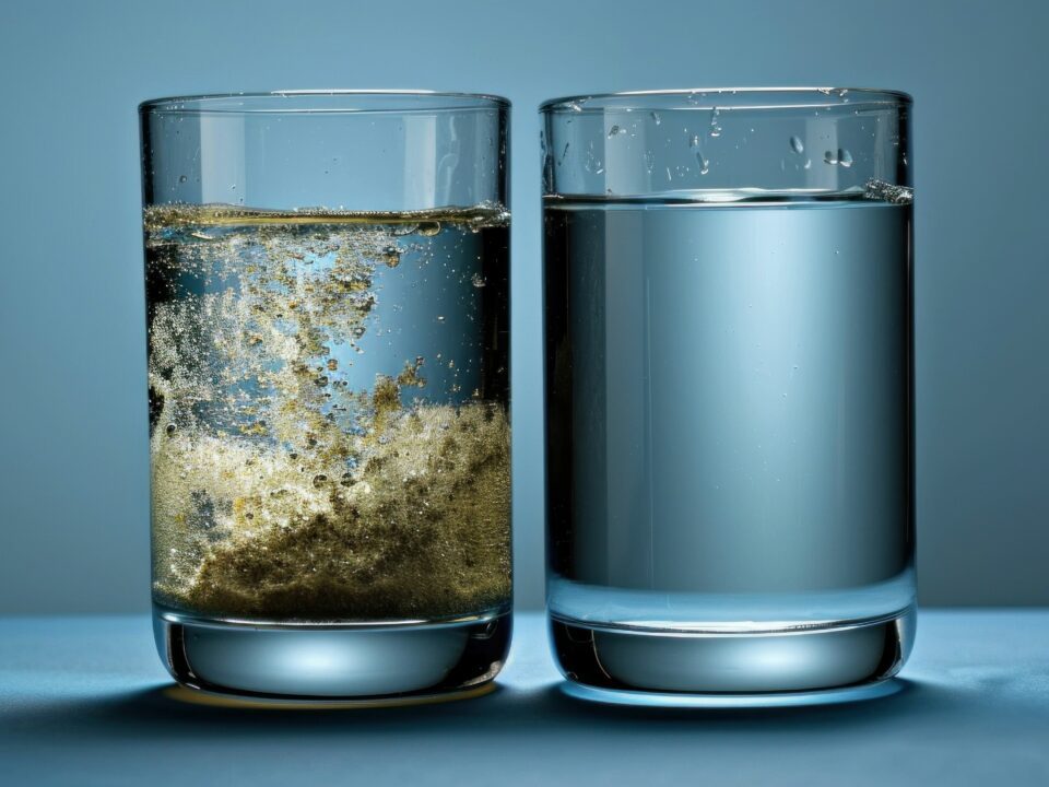 Two glasses, one with purified water and the other with contaminated water.