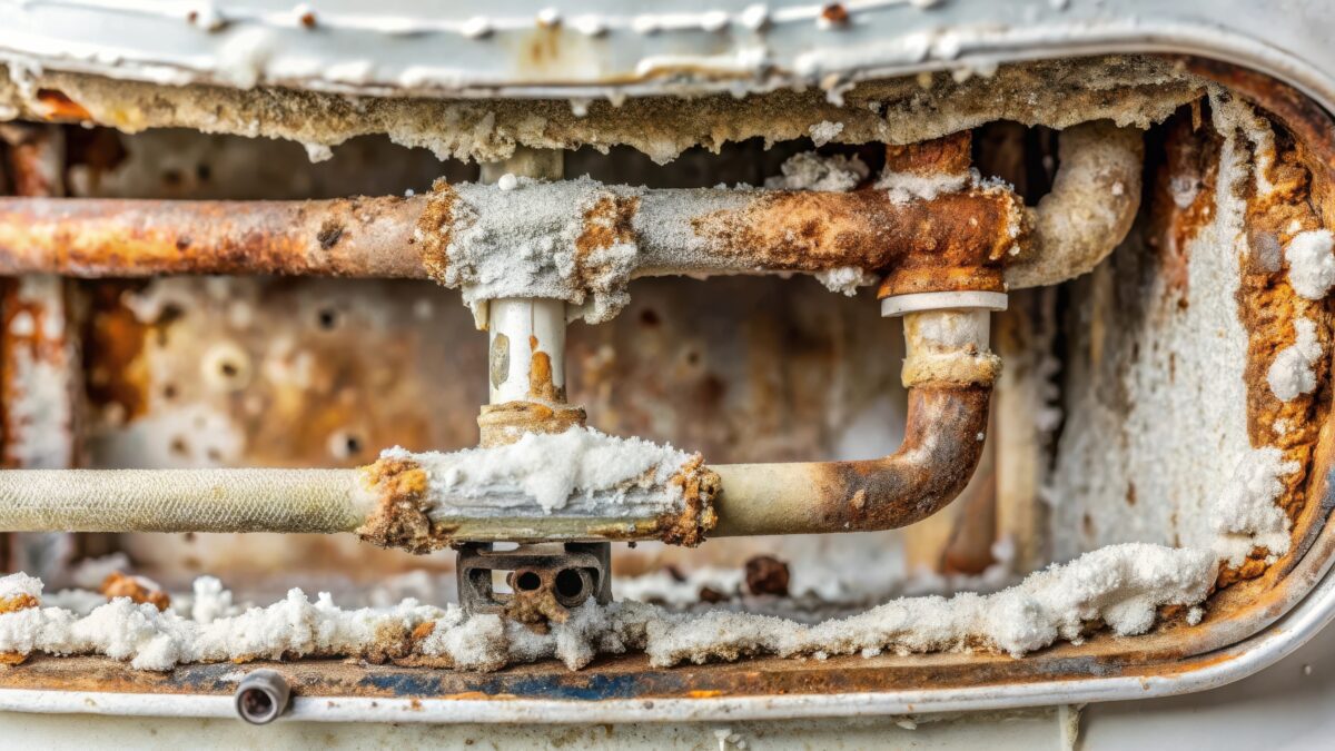 A close up of a corroded water heater from hard water mineral build up.