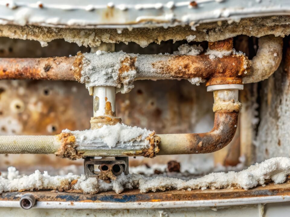 A close up of a corroded water heater from hard water mineral build up.