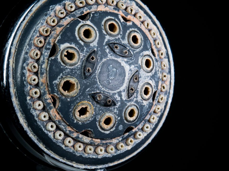 Hard water calcium or lime scale deposits on old, worn out shower head.