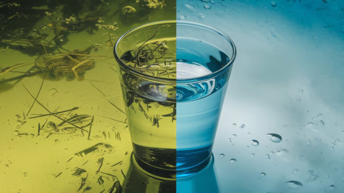 A cup with polluted water on the left and a cup with purified water on the right