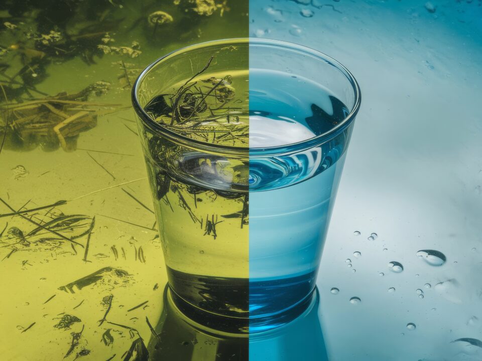 A cup with polluted water on the left and a cup with purified water on the right